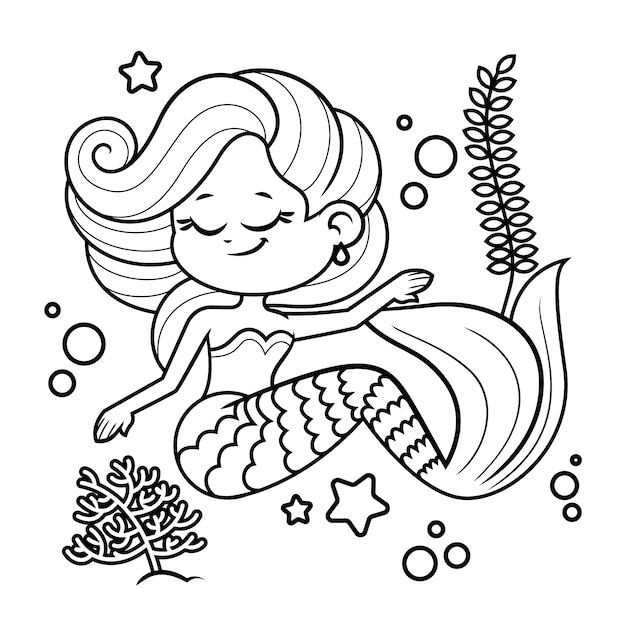 Hand drawn mermaid outline illustration