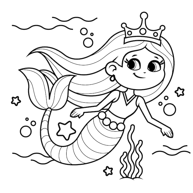 Hand drawn mermaid outline illustration