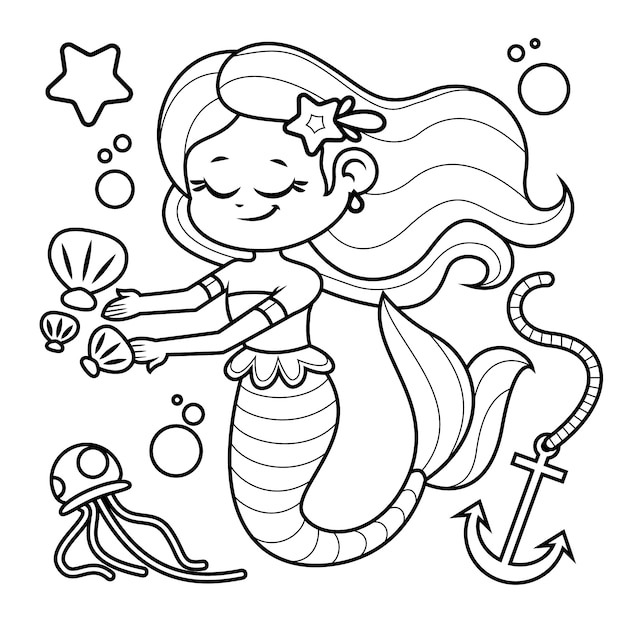 Hand drawn mermaid outline illustration