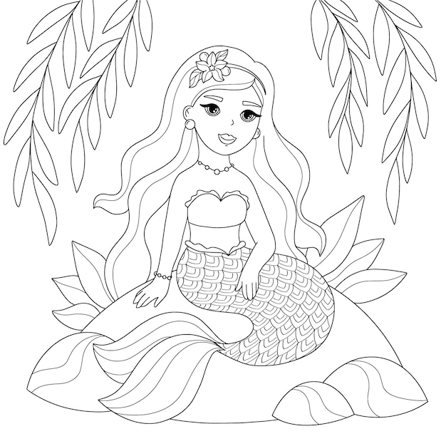 Hand drawn mermaid outline illustration