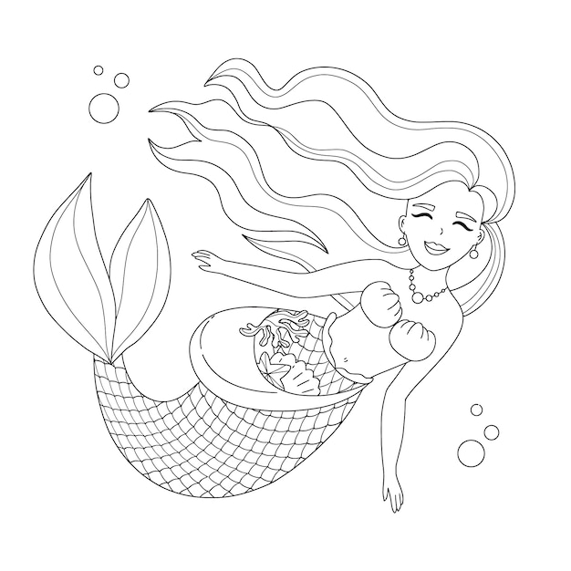 Hand drawn mermaid outline illustration