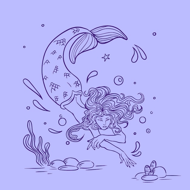 Free Vector hand drawn mermaid outline illustration