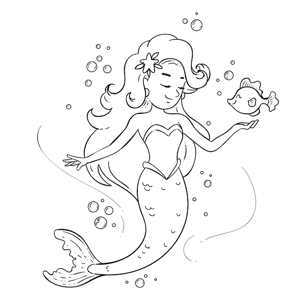 Hand drawn mermaid outline illustration