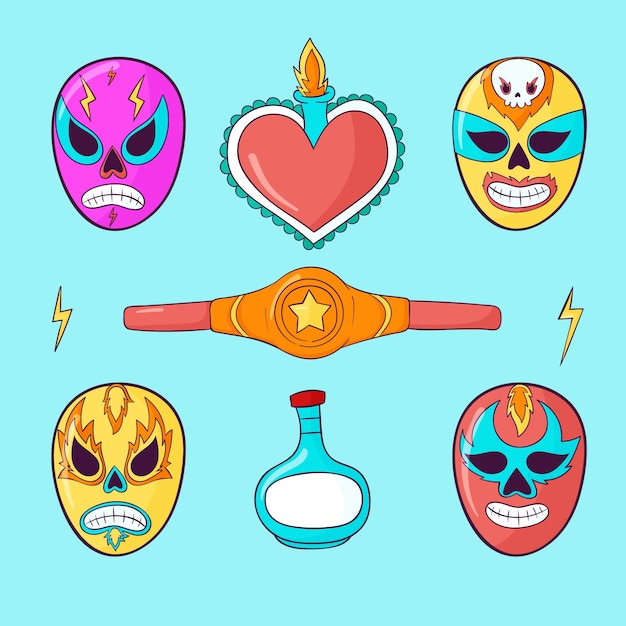 Hand drawn mexican wrestler element collection