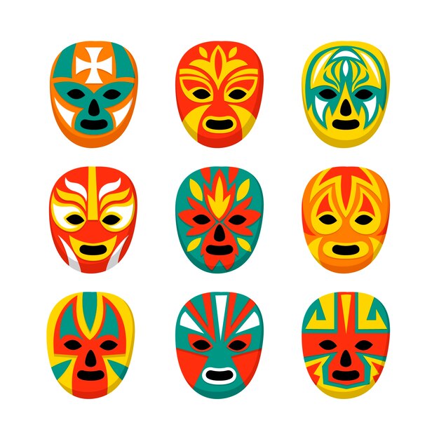 Hand drawn mexican wrestler face mask set