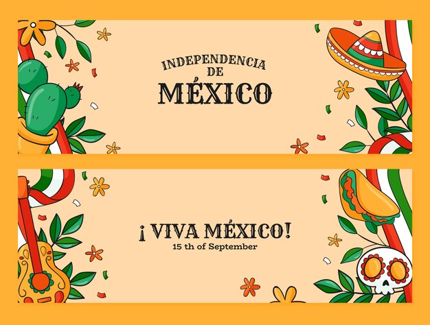 Hand drawn mexico independence horizontal banners set