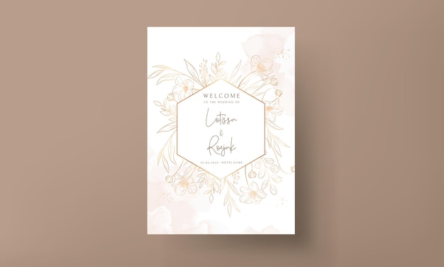 Free vector hand drawn minimal wedding invitation template with elegant gold floral