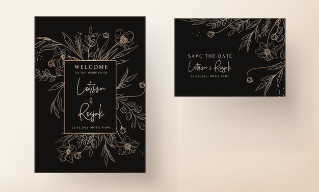 Hand drawn minimal wedding invitation template with elegant gold floral