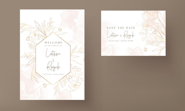 Free vector hand drawn minimal wedding invitation template with elegant gold floral