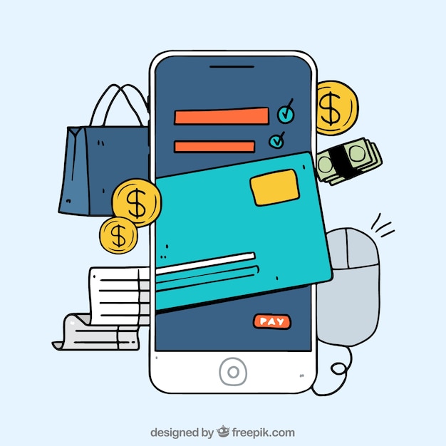 Hand drawn mobile phone, online payment