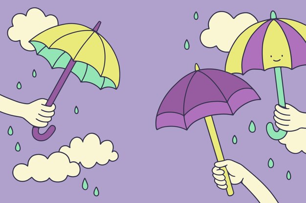 Hand drawn monsoon season background with hands holding umbrellas