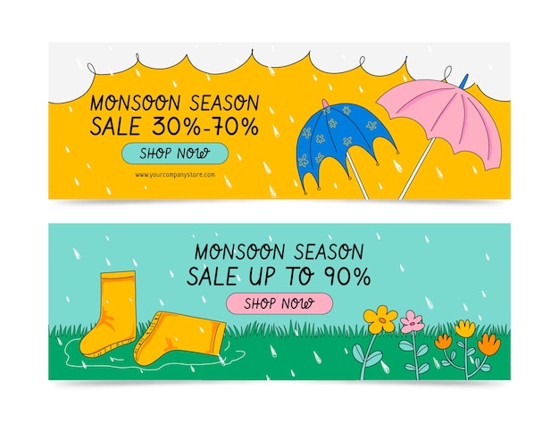 Hand drawn monsoon season horizontal sale banners set with rain boots and umbrellas