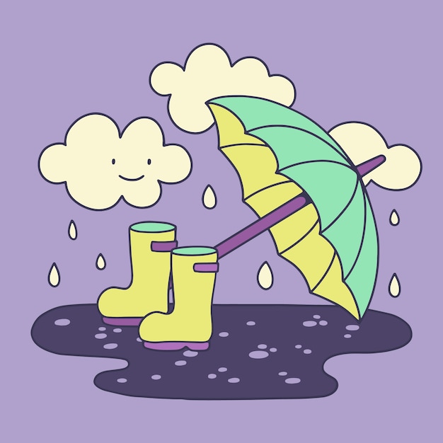 Hand drawn monsoon season illustration with umbrella and boots