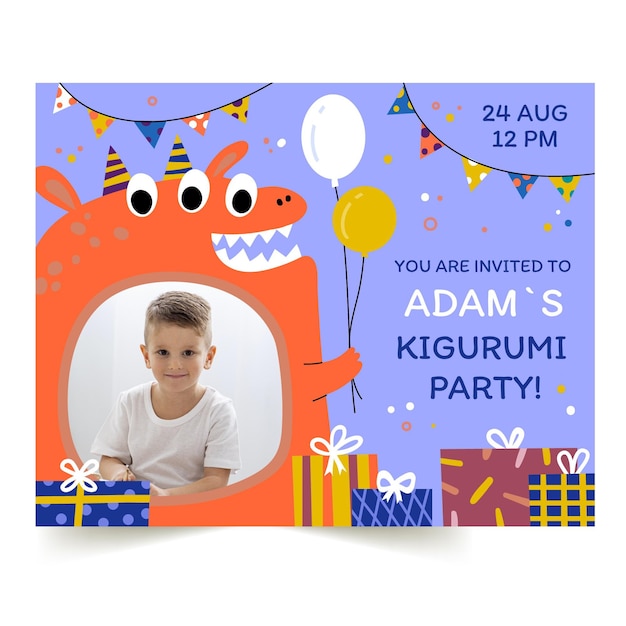 Free Vector hand drawn monsters birthday invitation template with photo