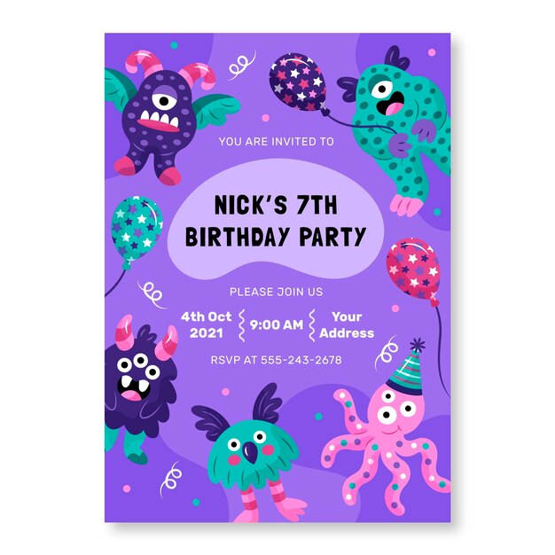 Hand drawn monsters birthday invitation template