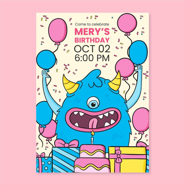 Hand drawn monsters birthday invitation