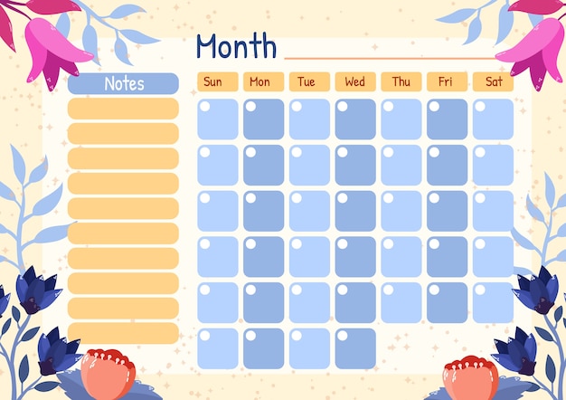 Hand drawn monthly planner calendar