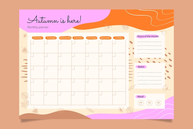 Hand drawn monthly planner calendar