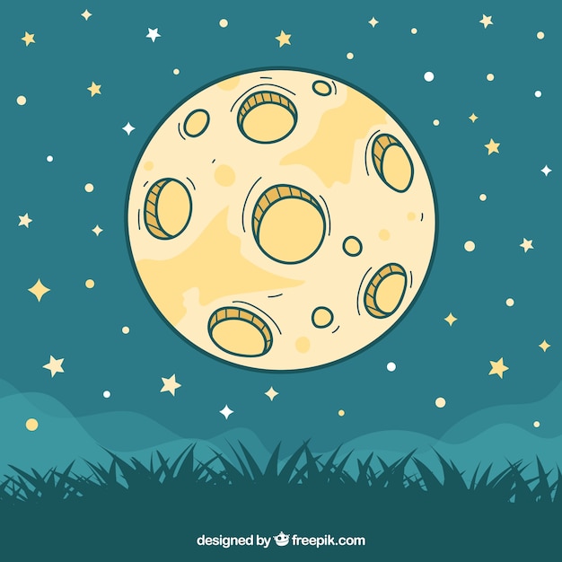 Hand drawn moon background with stars