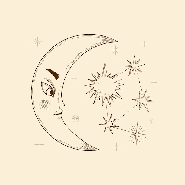 Free Vector hand drawn moon and stars drawing illustration