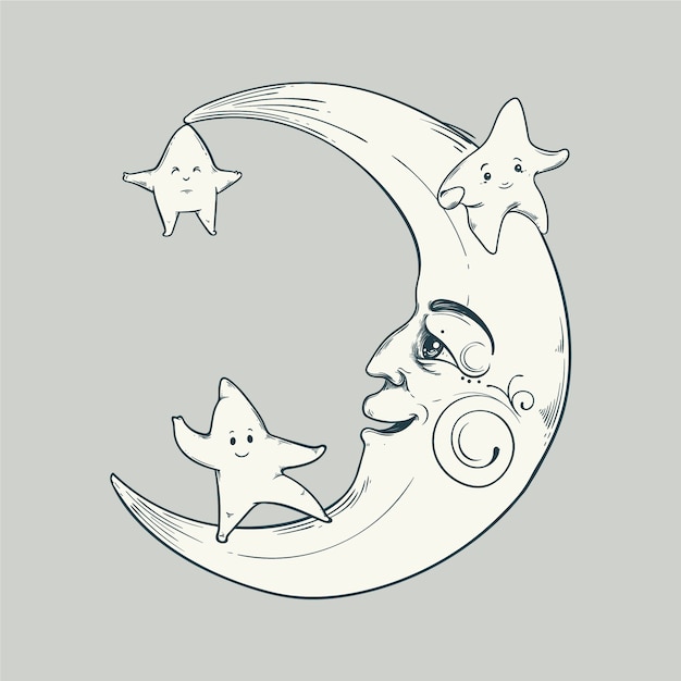 Free Vector hand drawn moon and stars drawing illustration