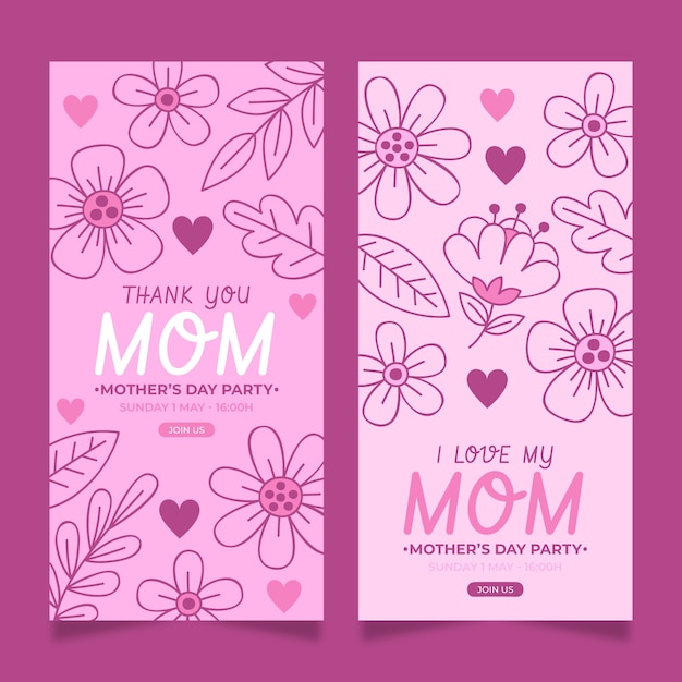 Hand drawn mother's day vertical banners pack