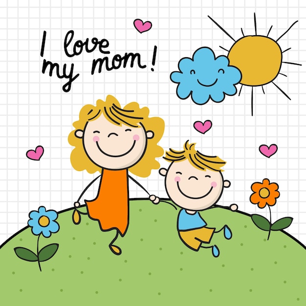 Hand drawn mothers day children drawing illustration