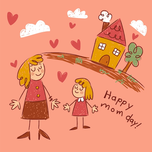 Hand drawn mothers day children drawings illustration