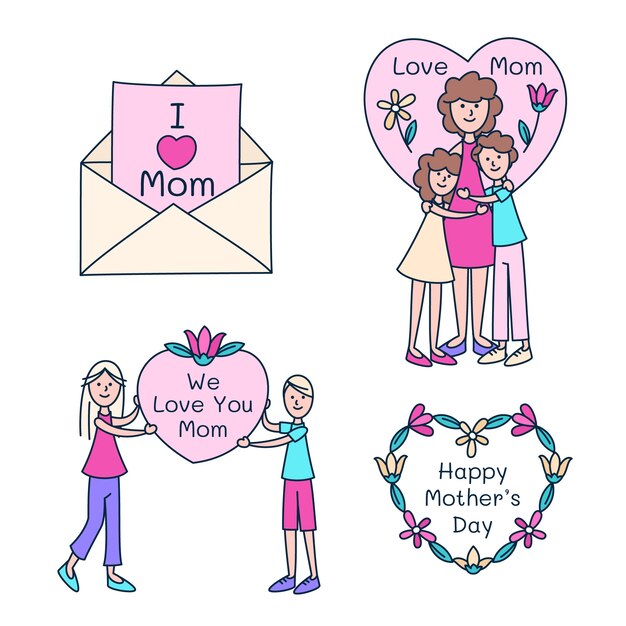 Hand drawn mothers day children drawings illustration