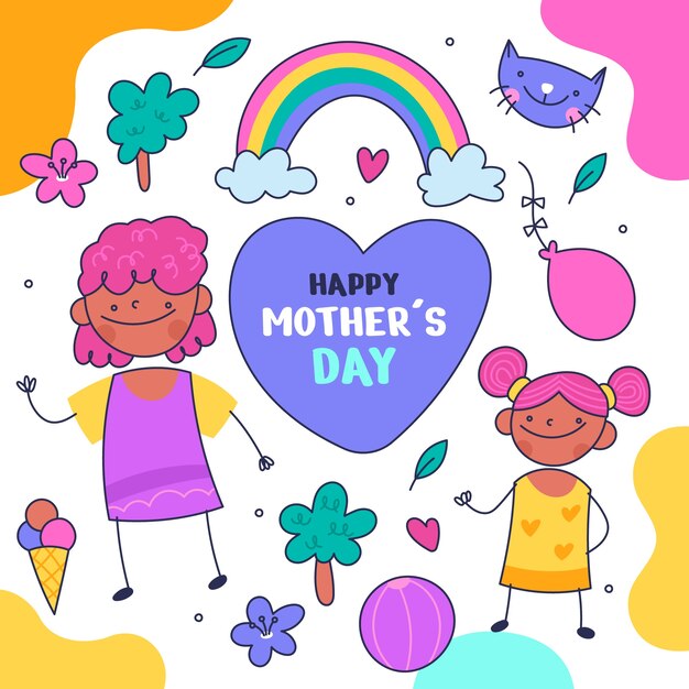 Hand drawn mothers day children drawings illustration