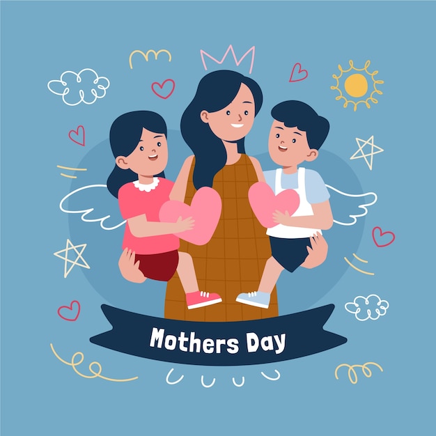 Hand drawn mothers day children drawings illustration