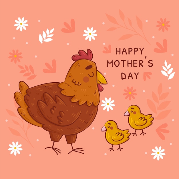 Hand drawn mothers day illustration with chickens