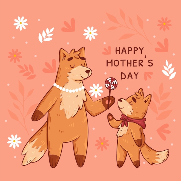 Hand drawn mothers day illustration with foxes