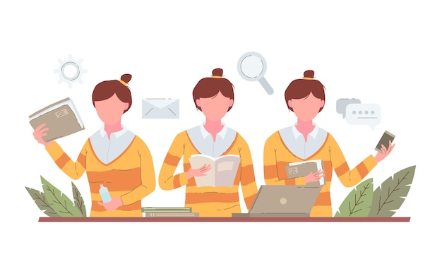 Hand drawn multitask business woman illustration