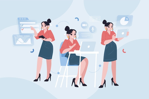 Hand drawn multitask business woman illustration