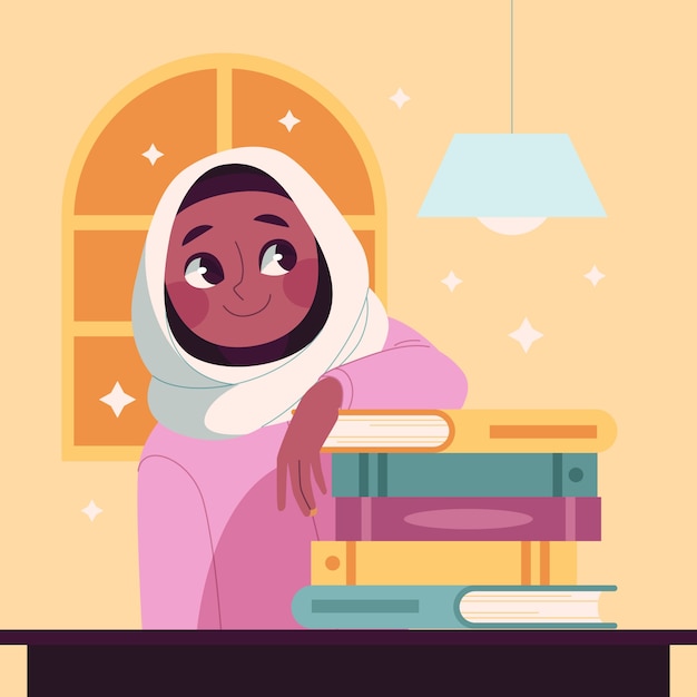 Hand drawn muslim girl education illustration