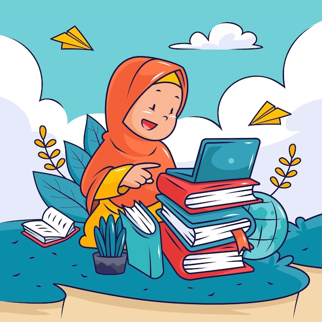 Free Vector hand drawn muslim girl education illustration