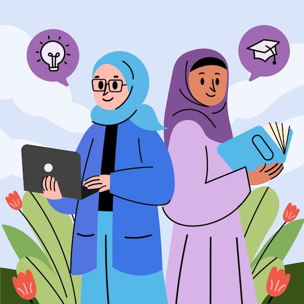 Free Vector hand drawn muslim girls education illustration