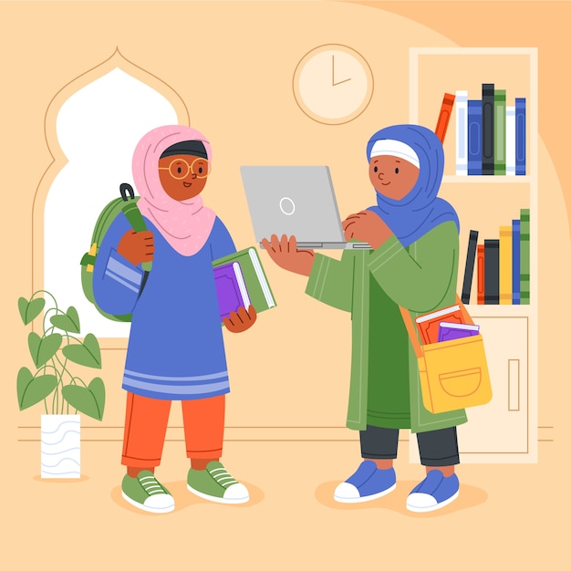 Free Vector hand drawn muslim girls education illustration