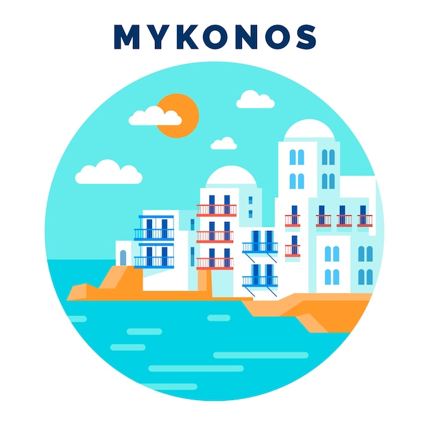 Hand drawn mykonos illustration with buildings and sea