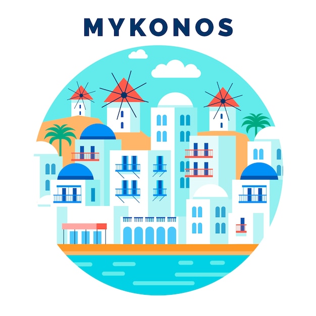 Free Vector hand drawn mykonos illustration with buildings and sea