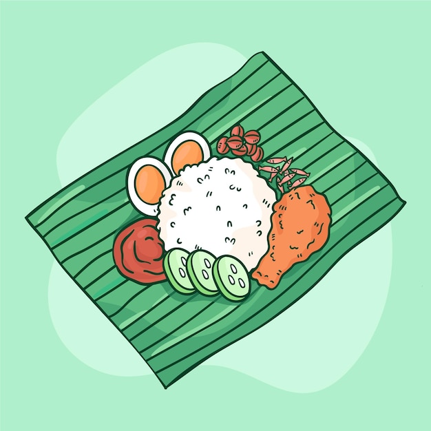 Hand drawn nasi lemak food illustrated