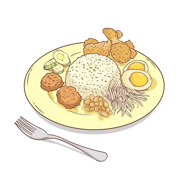 Hand drawn nasi lemak on a plate