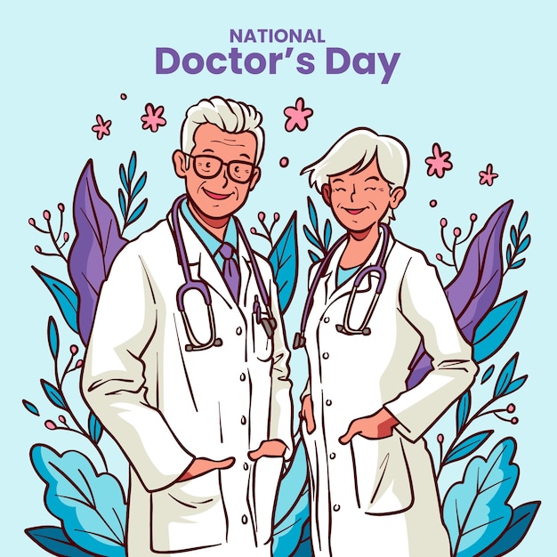 Hand drawn national doctor's day illustration with older medics