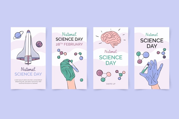 Hand drawn national science day instagram stories collection