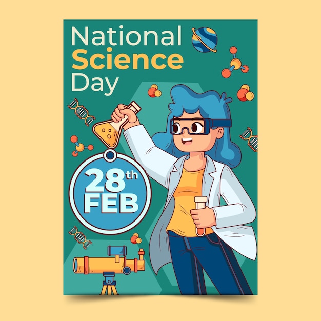 Hand drawn national science day vertical poster template