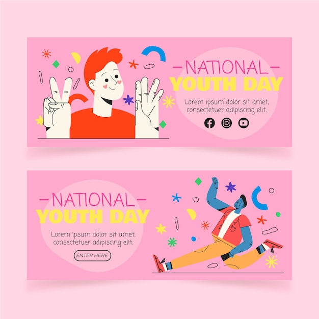 Hand drawn national youth day horizontal banners set