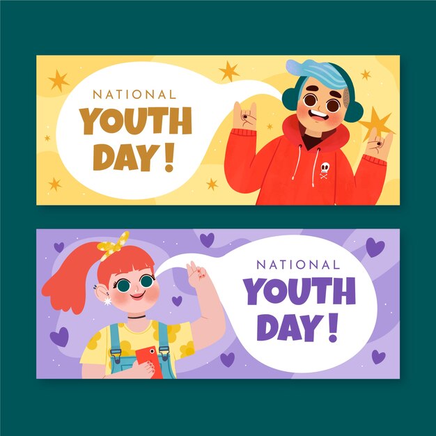 Hand drawn national youth day horizontal banners set