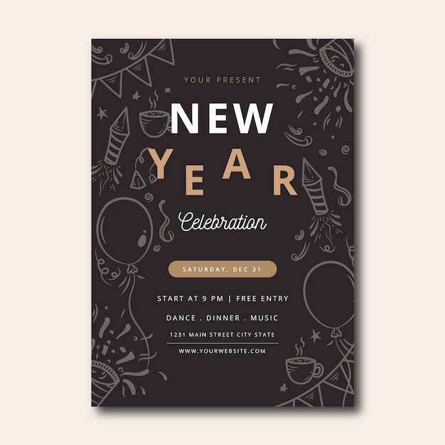 Hand drawn new year 2020 party poster template