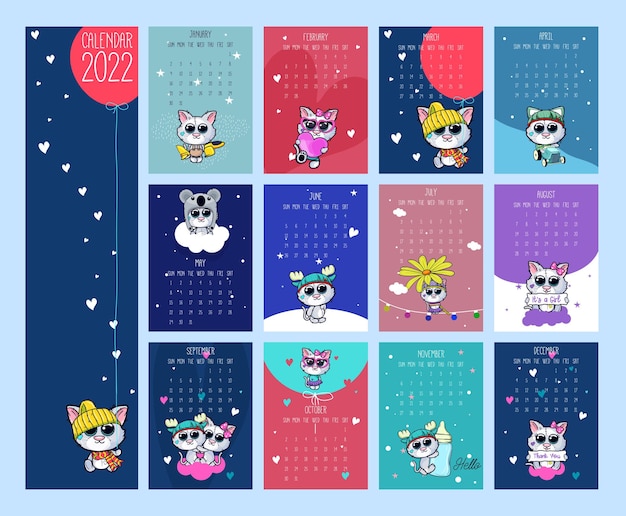 Hand drawn new year 2022 calendar with cute cat